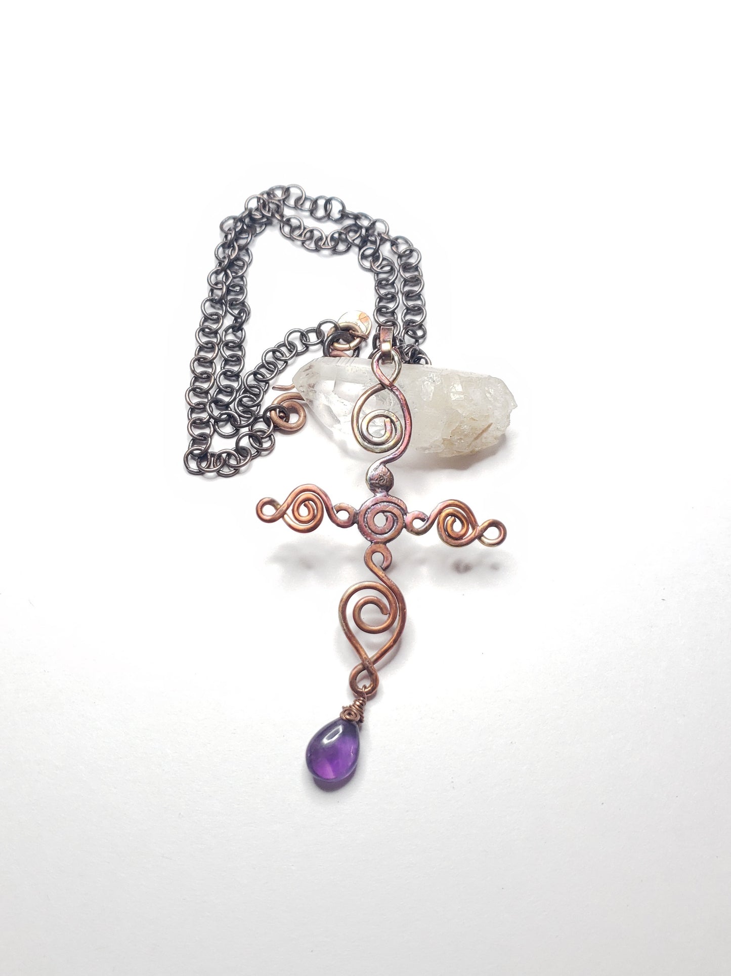 Copper scroll cross with amethyst statement necklace