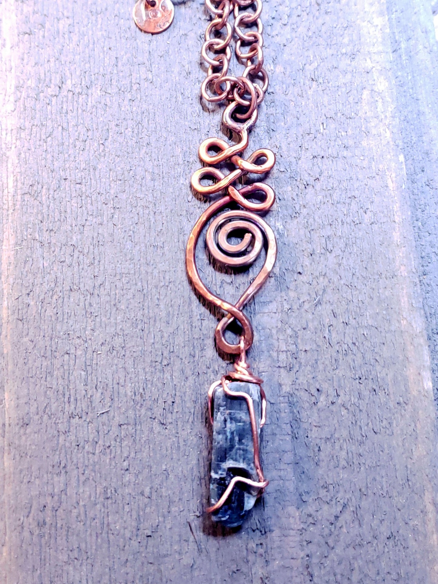Copper unalome pendant with kyanite