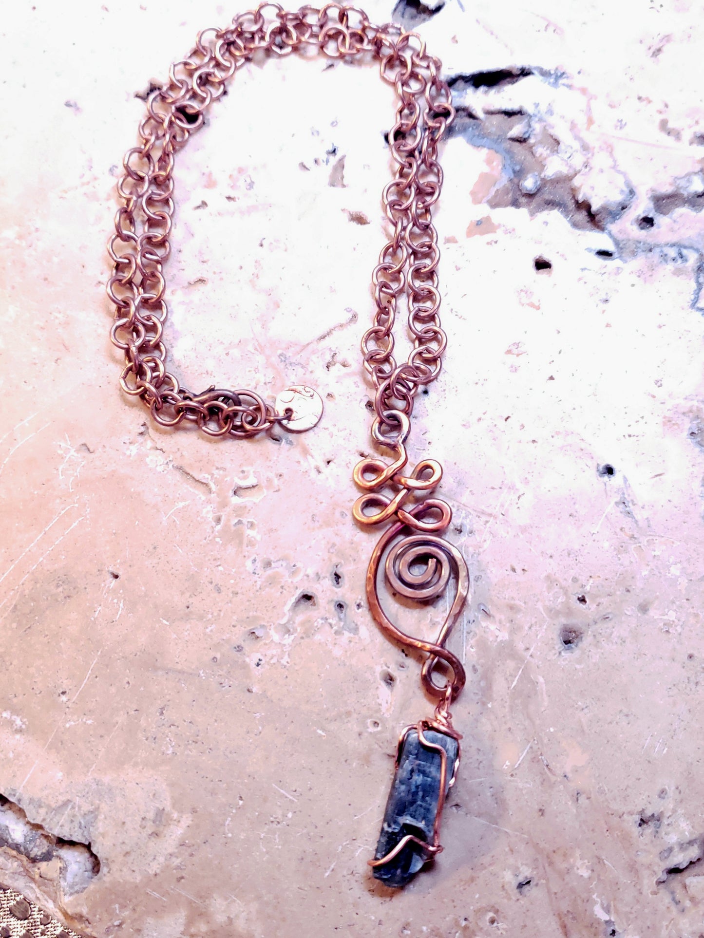 Copper unalome pendant with kyanite