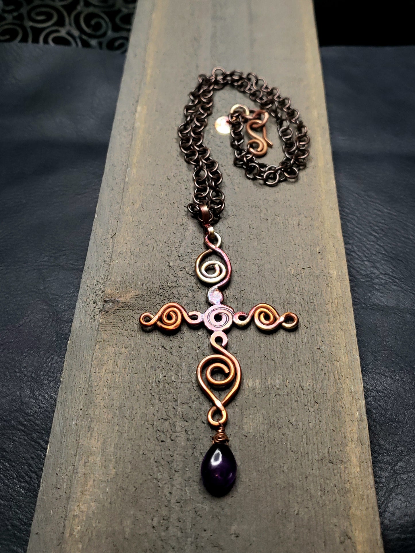 Copper scroll cross with amethyst statement necklace