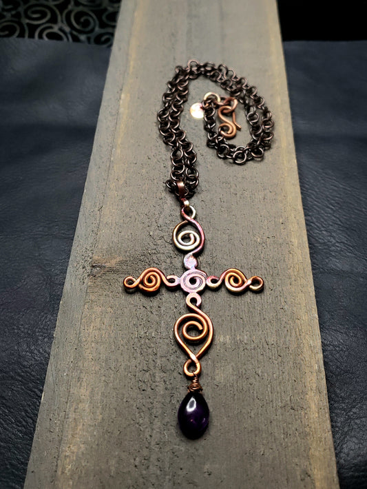 Copper scroll cross with amethyst statement necklace