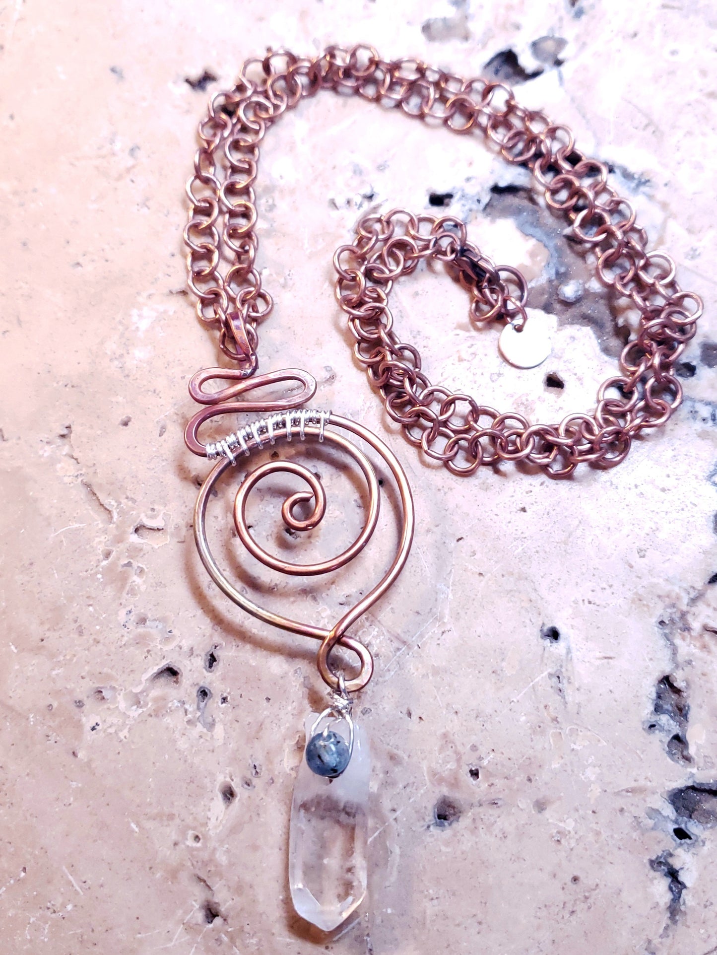Sterling silver weaved Copper unalome with quartz and kyanite