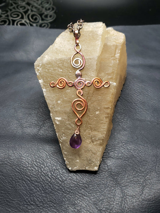 Copper scroll cross with amethyst statement necklace