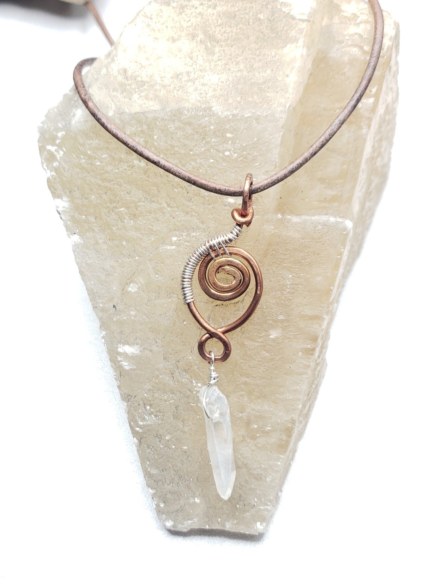 Sterling Silver weaved copper spiral with crystal dangle