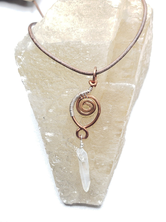 Sterling Silver weaved copper spiral with crystal dangle