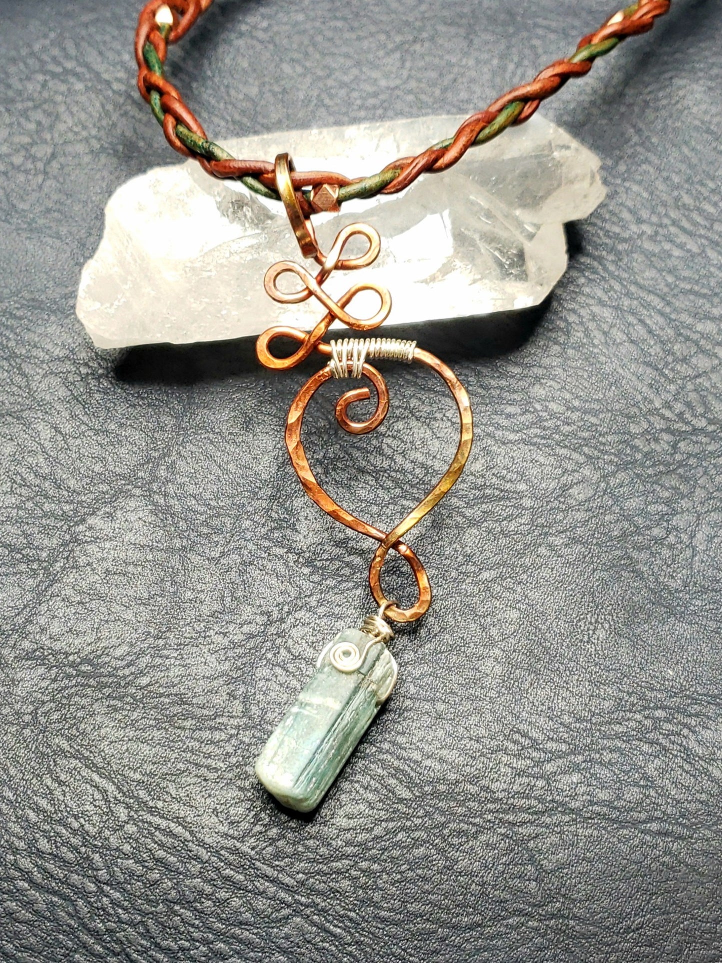 Copper Unalome pendant with kyanite